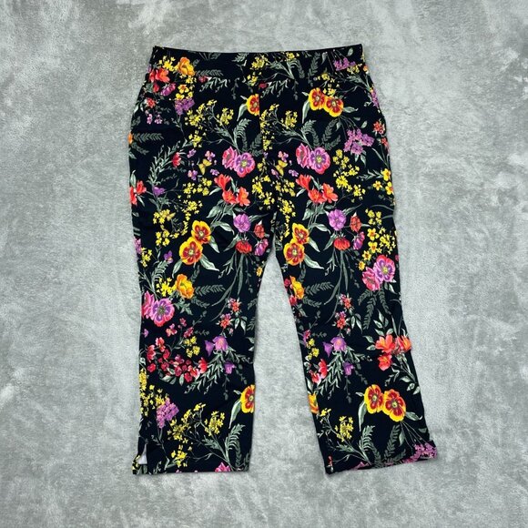 Susan Graver Black Floral Capri Pants Women’s Size 16 Stretchy a1549 - Picture 1 of 10